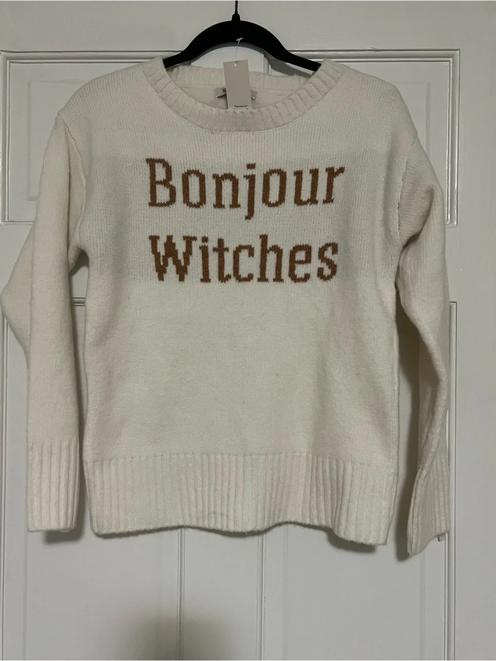 Francesca's Collections Cream 'Bonjour Witches' Crewneck Sweater with Brown Text